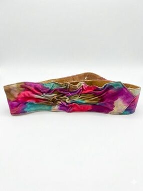 Rare Vintage Polish Leather Ruched Waist Cinch Belt Watercolor Tie Dye
